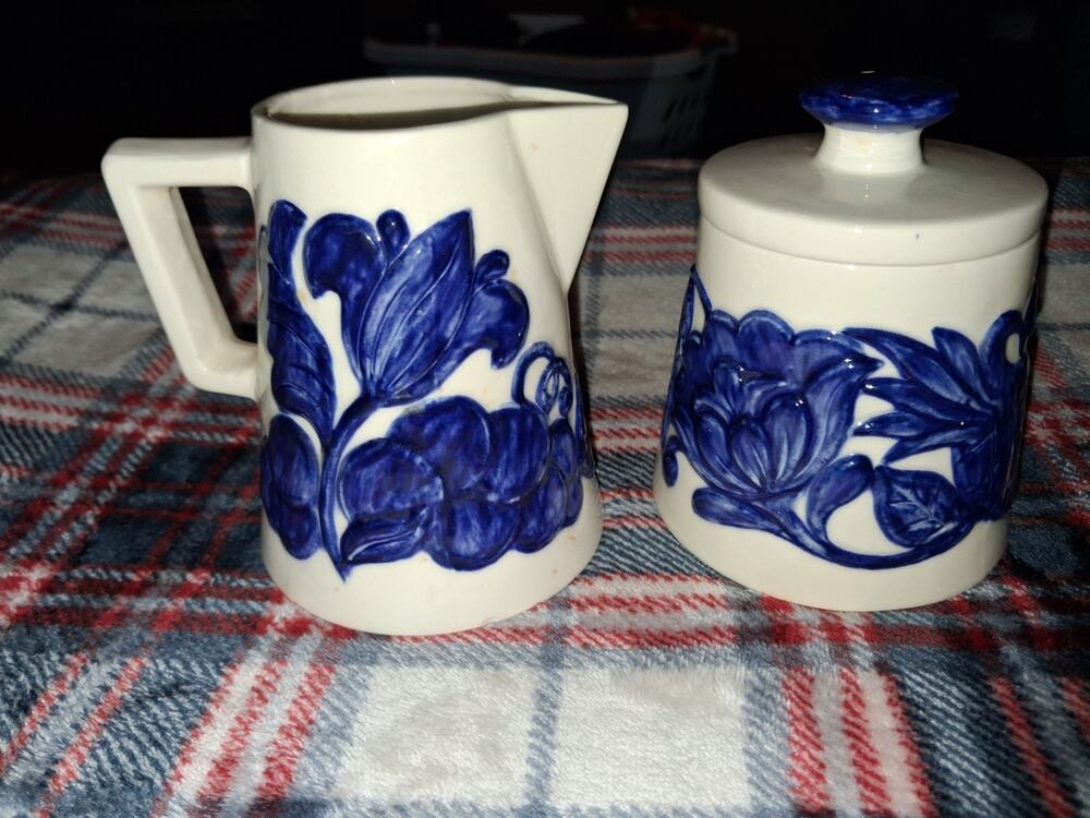 Cobalt Blue And White Fruit And Floral Creamer And Surgar Bowl